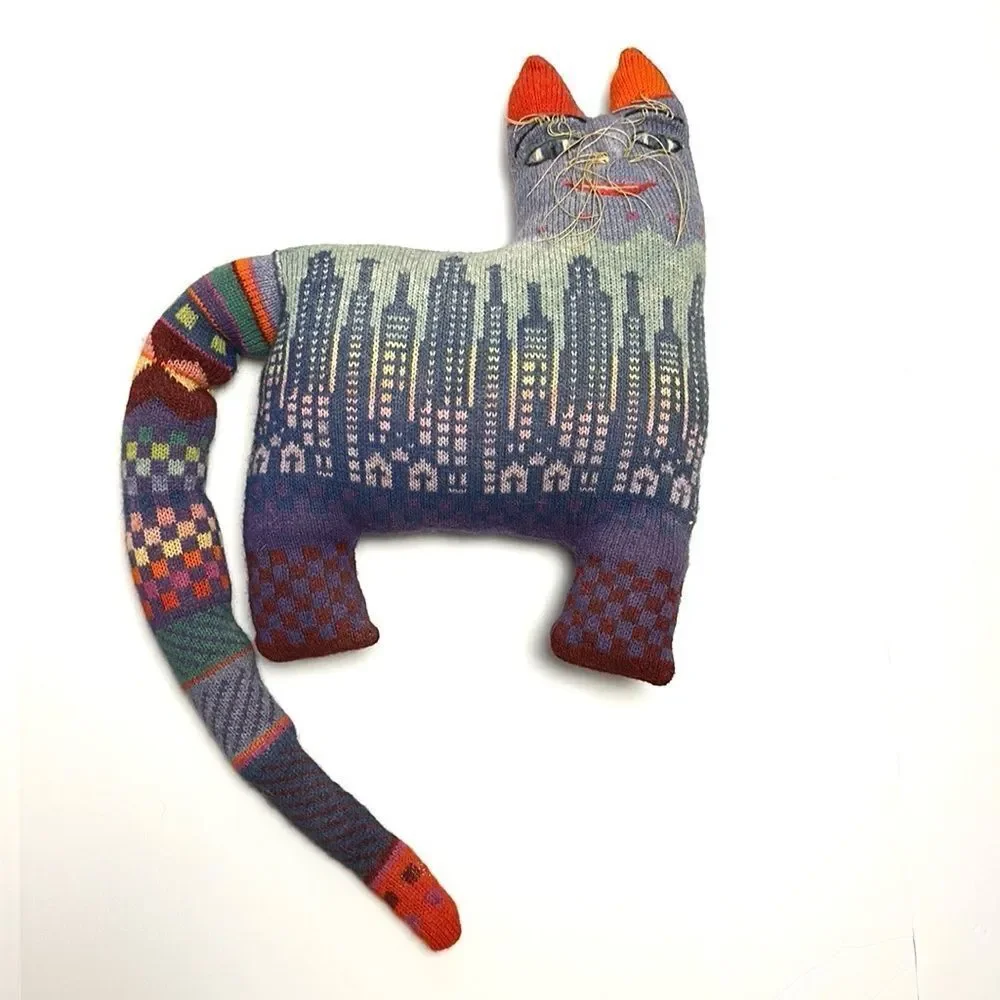 Pair Vintage 1986 Handloomed Wool Folk Art Cat Pillows Soft Sculptures Signed